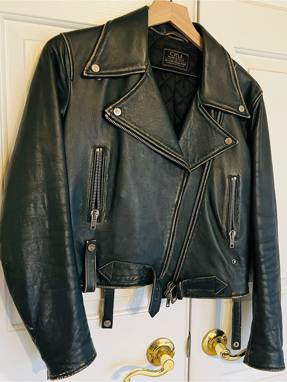 Dark green Italian Leather Quilted Biker Jacket